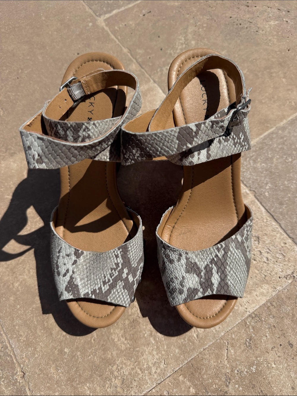 Lucky Brand Snake-Print Ankle Strap Sandals in Gray - Women